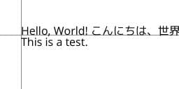 白い背景に二行の黒い文字が書かれた画像。一行目は「Hello, World! こんにちは、世界」で、二行目は「This is a test.」になっている。描画位置を示すグレーの縦線と横線は、一行目の左下に重なるように表示されている。